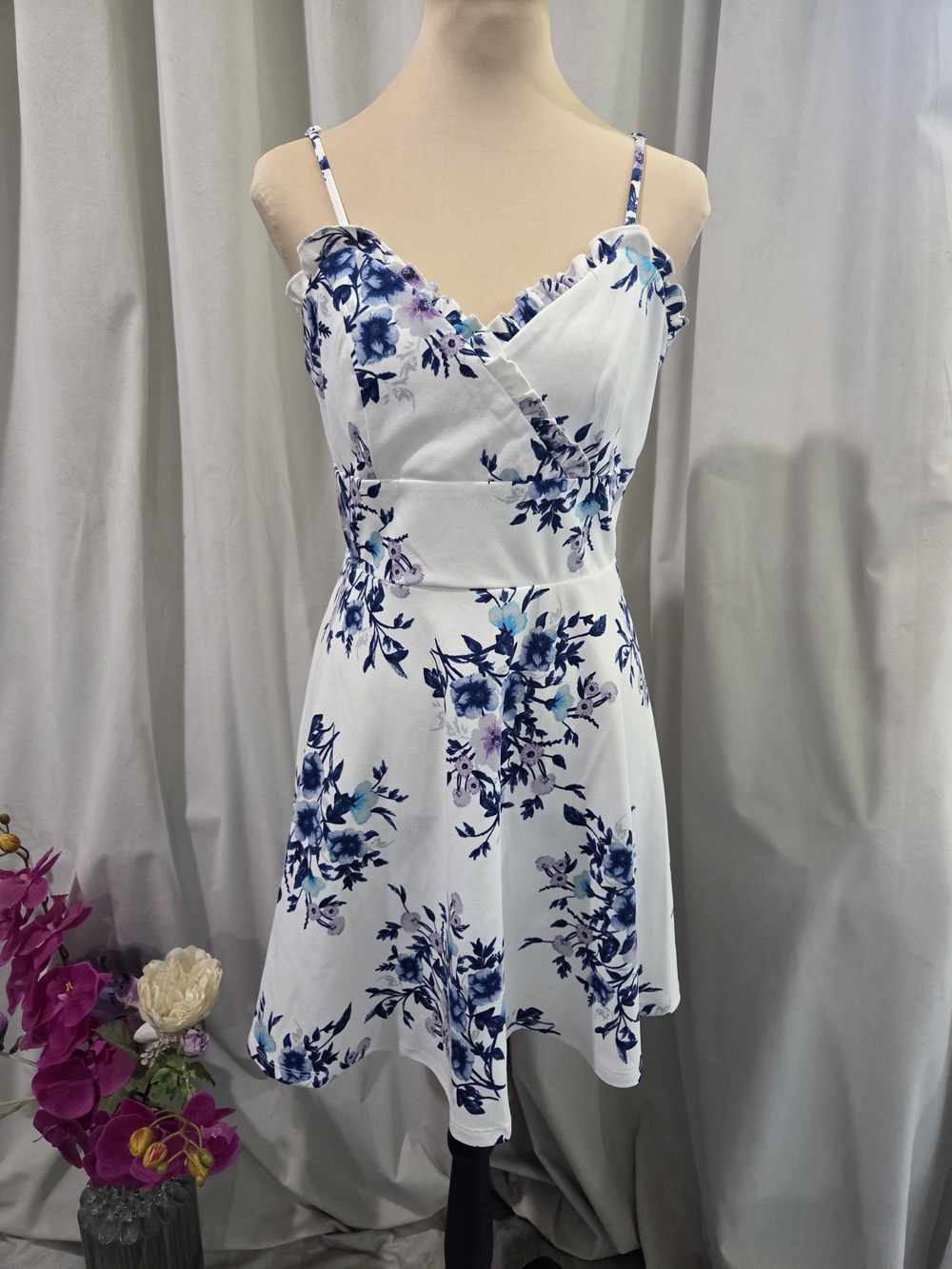 Trixxi White Dress with Blue Floral Print and Spaghetti Straps